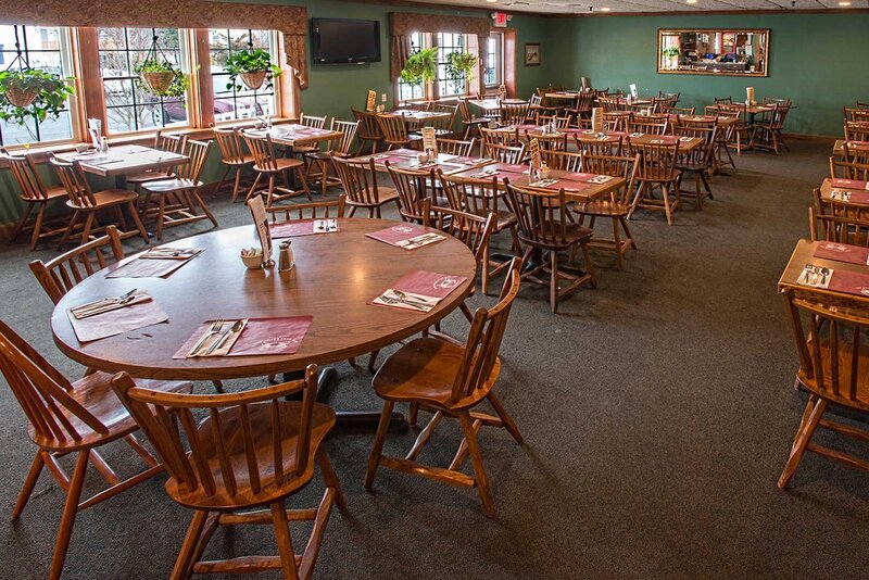 Dining room with many set tables